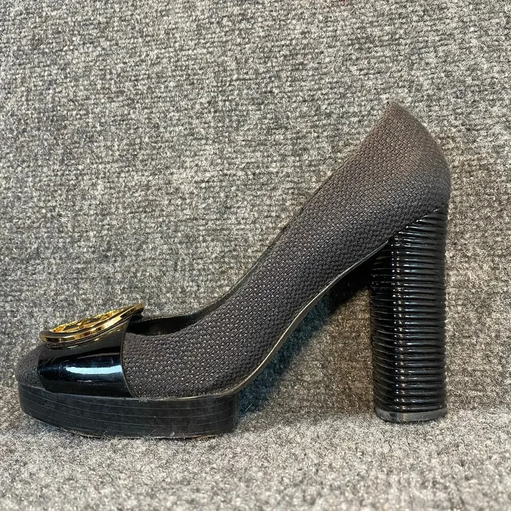 Tory Burch Black Tweed Block High Heel Pumps Gold Logo Hardware Womens 8